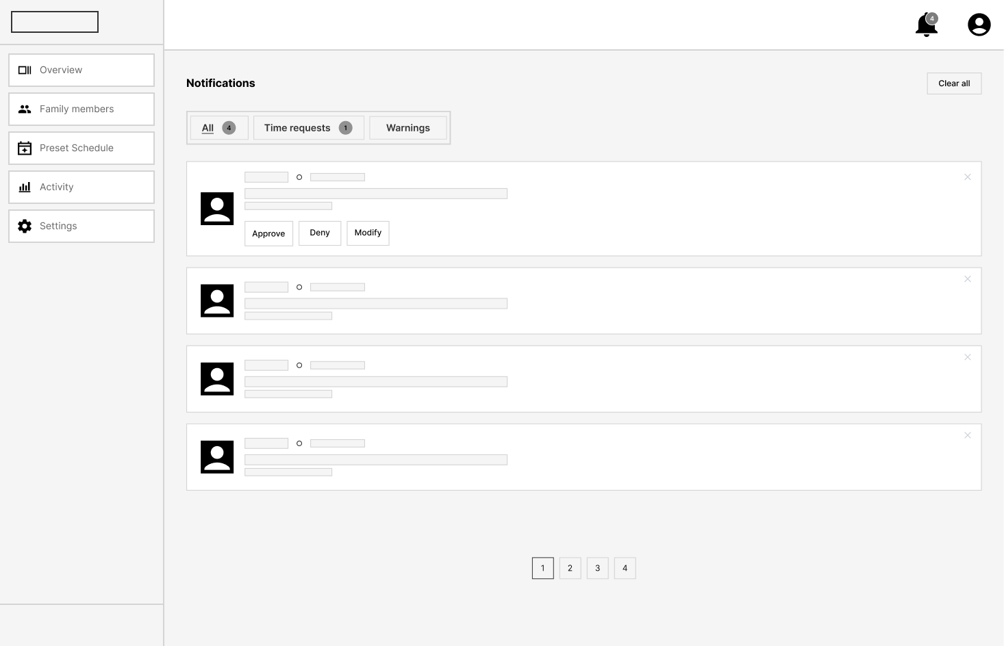 Notifications wireframe, desktop