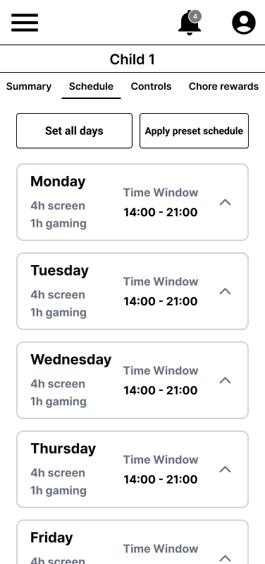 Schedule wireframe, mobile