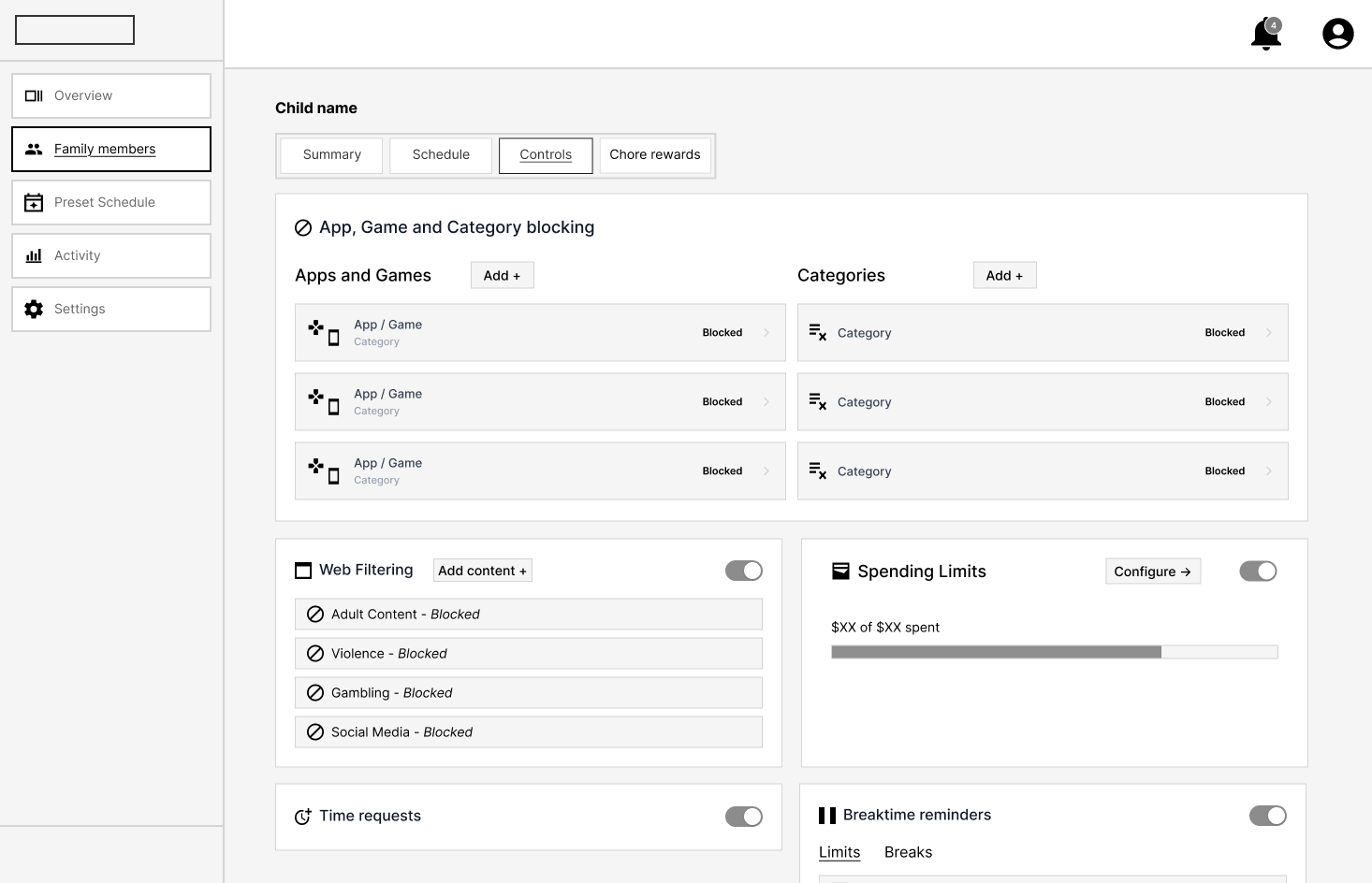 Child controls wireframe, desktop